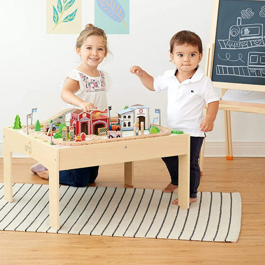 Montessori Wooden Train Set | 2-in-1 Wooden Train Table | 85pc Train Set