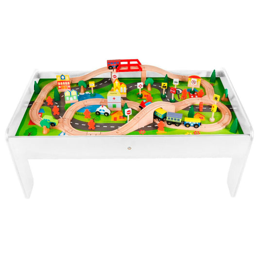 2-in-1 Montessori Wooden Train Table & City Play Table | 90pc Train Set | White